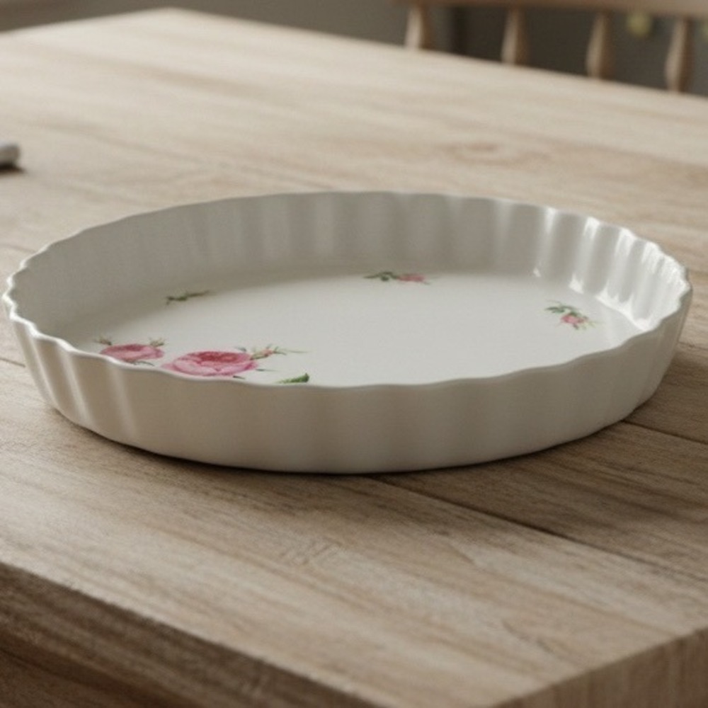 Christineholm Porcelain Quiche Tart Pan Pink Rose Floral Fluted Ceramic Baker